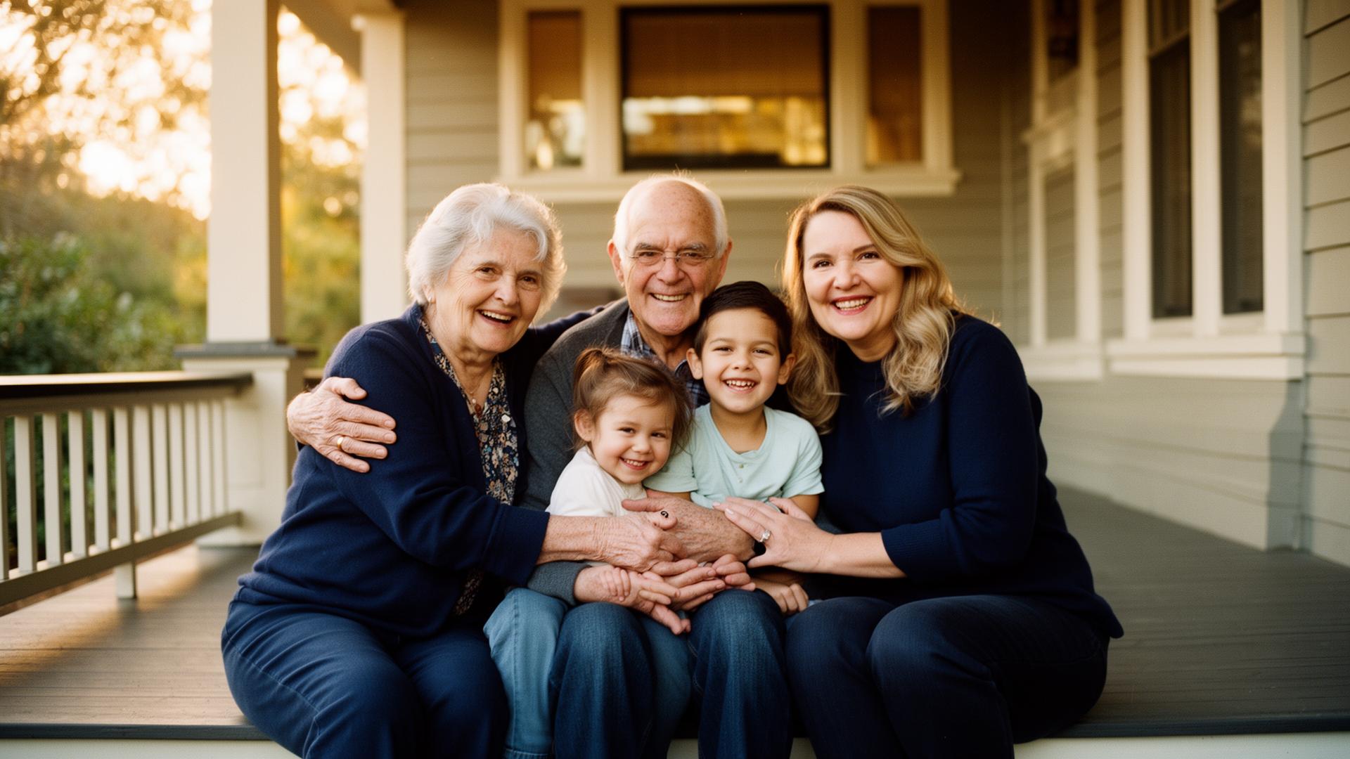 A multigenerational family on the porch of their home at golden hour