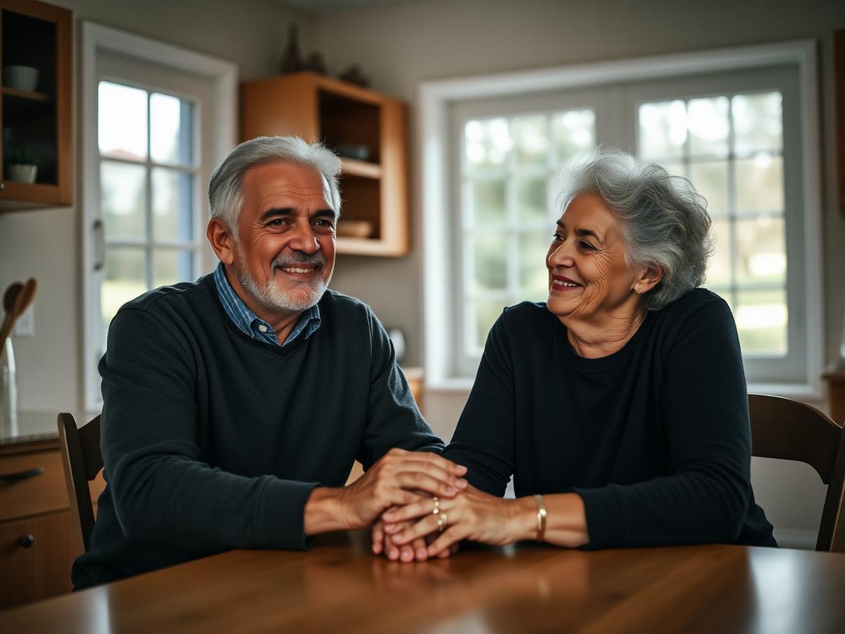 Senior couple smiling together at home